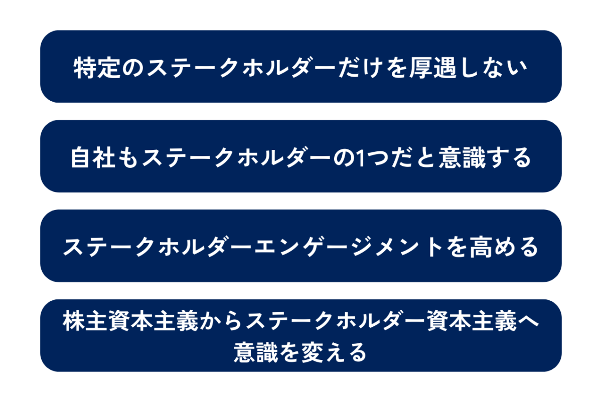 ステークホルダーと良い関係を築くためのポイントは、特定のステークホルダーだけを厚遇しないこと、自社もステークホルダーの1つだと意識すること。ステークホルダーエンゲージメントを高めること、株主資本主義からステークホルダー資本主義へ意識を変えること、の4点です。