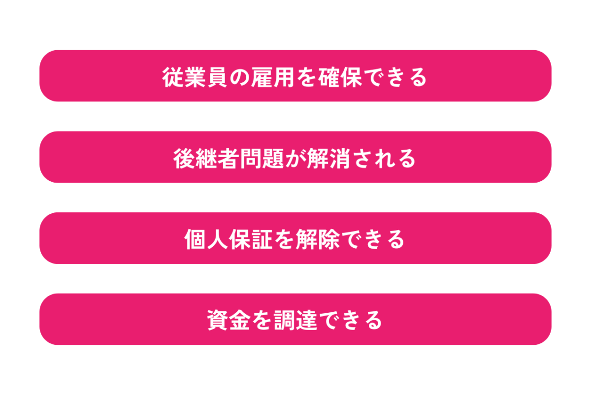 売り手側のメリットは、従業員の雇用を確保できること、後継者問題が解消されること、 個人保証を解除できること、 資金を調達できることの4点です。