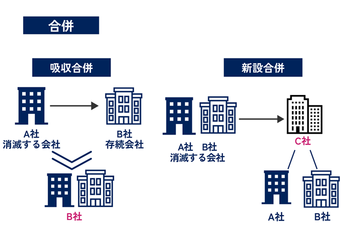 複数の会社が一つに統合する手法であり、吸収合併では消滅する会社が存続会社に統合され、新設合併では全ての元の会社が消滅し、新しい会社を設立する方法です。