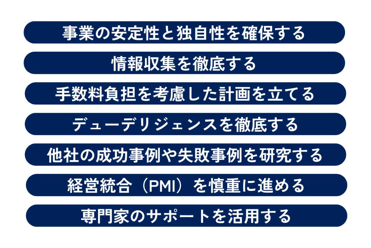 スモールM&Aを成功させるポイントとしては、事業の安定性と独自性を確保する、情報収集を徹底する、手数料負担を考慮した計画を立てる、デューデリジェンスを徹底する、他社の成功事例や失敗事例を研究する、経営統合（PMI）を慎重に進める、専門家のサポートを活用するといった点があります。