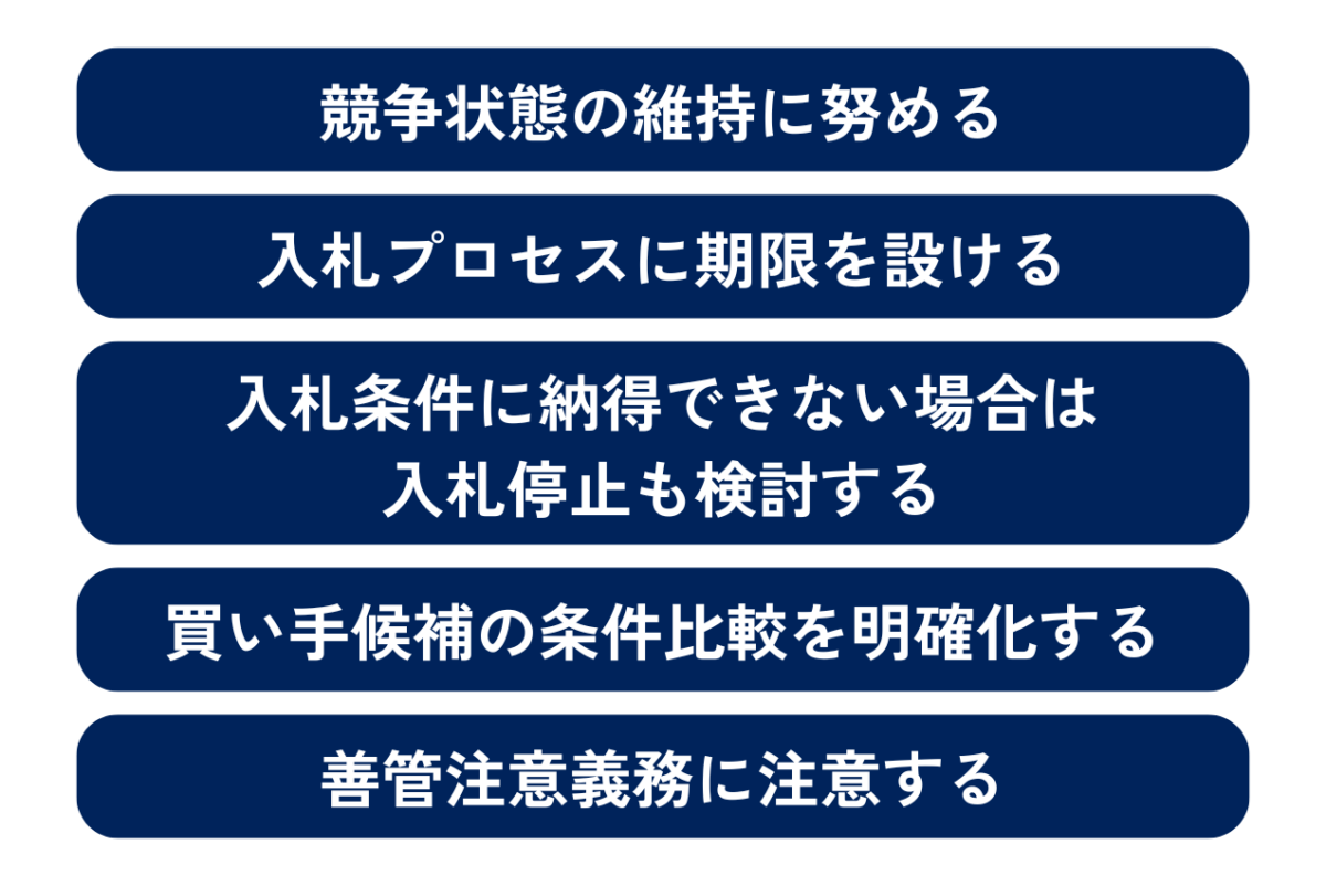 M&Aにおけるオークション（入札）方式において売り手企業が注意すべきポイントを表した図解です。具体的なポイントは①競争状態の維持に努めること②入札プロセスに期限を設けること③入札条件に納得できない場合は入札停止も検討すること④買い手候補の条件比較を明確化すること⑤善管注意義務に注意することです。