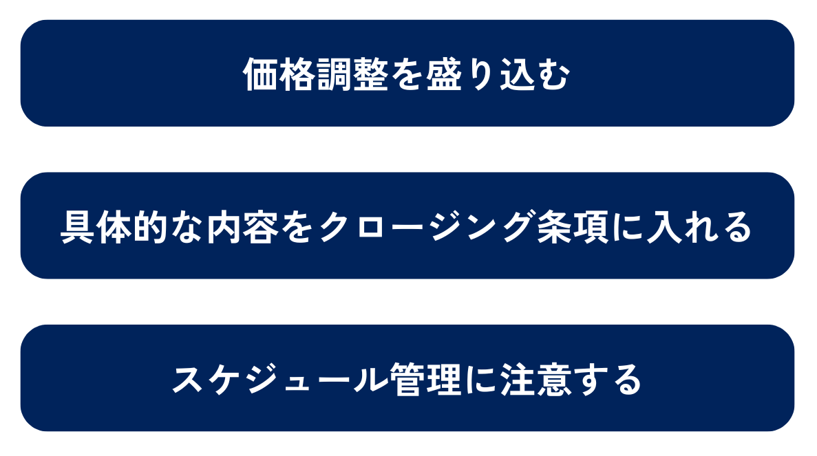 クロージングを成功させるポイントを示した図になります。具体的なポイントは①価格調整を盛り込む②具体的な内容をクロージング条項に入れる③スケジュール管理に注意することです。