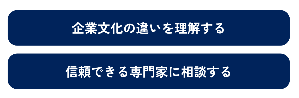 リスクを回避してM&Aを成功させるためのポイントをまとめた図解です。企業文化の違いを理解すること・信頼できる専門家に相談することがポイントとなります。