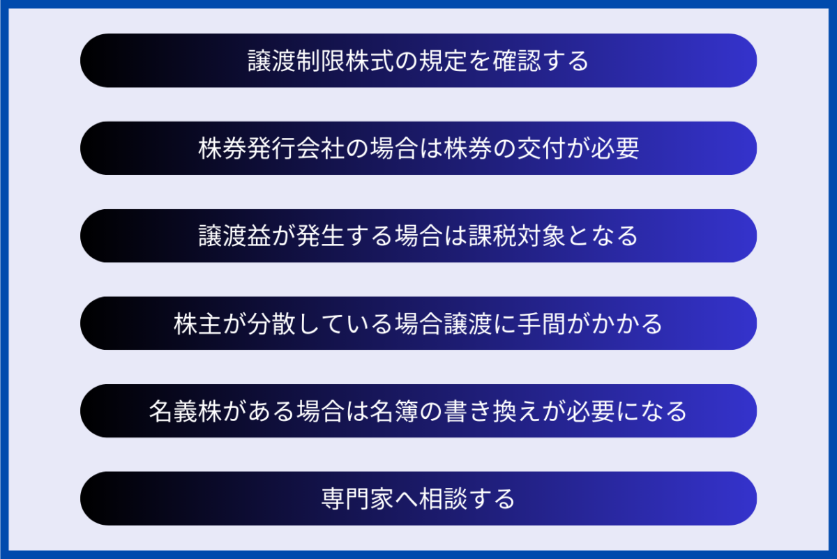 M&Aにおける株式譲渡時に注意すべきポイントをまとめた図解です。具体的には、譲渡制限株式の規定を確認する、株券発行会社の場合は株券の交付が必要、譲渡益が発生する場合は課税対象となる、株主が分散している場合譲渡に手間がかかる、名義株がある場合は名簿の書き換えが必要になる、専門家へ相談するとなります。