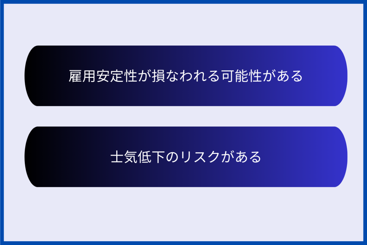 事業譲渡における従業員へのデメリットとしては「雇用安定性が損なわれる可能性がある」と「士気低下のリスクがある」の2つがあります。