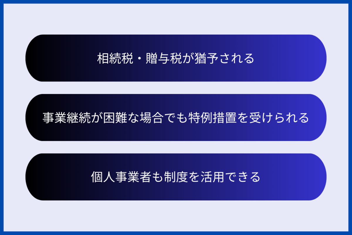 事業継承税制におけるメリットをまとめた図解になります。具体的には、相続税・贈与税が猶予される、事業継続が困難な場合でも特例措置を受けられる、個人事業者も制度を活用できるとなります。