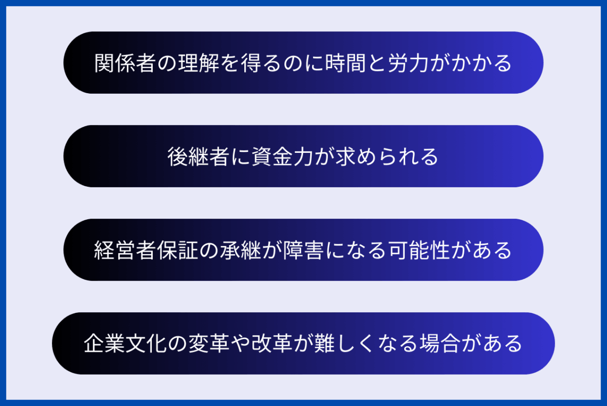 親族外承継のデメリットは、関係者の理解を得るのに時間と労力がかかること、後継者に資金力が求められること、経営者保証の承継が障害になる可能性があること、企業文化の変革や改革が難しくなる場合があることが挙げられます。