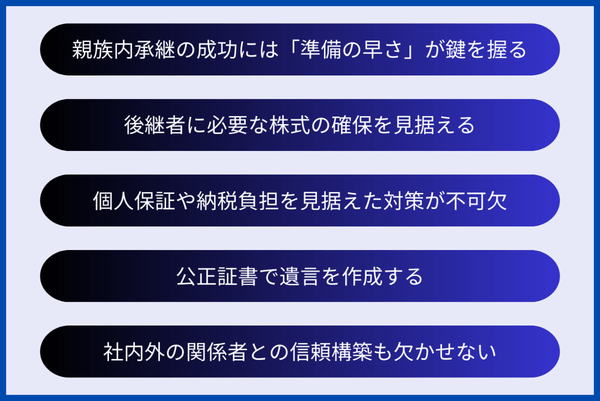 親族内承継成功のポイントは、親族内承継の成功には「準備の早さ」が鍵を握ること、後継者に必要な株式の確保を見据えること、個人保証や納税負担を見据えた対策が不可欠であること、公正証書で遺言を作成すること、社内外の関係者との信頼構築も欠かせないことです。