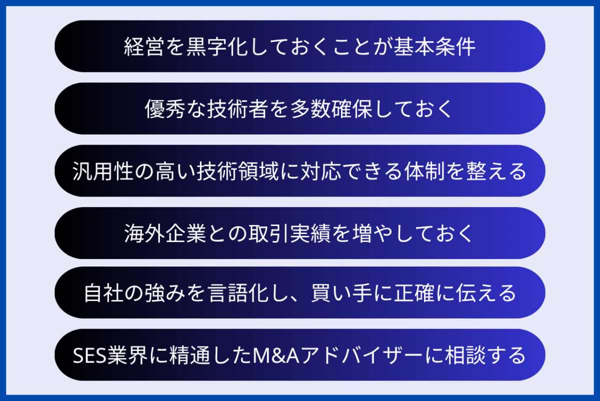 SES事業のM&A成功のポイントとして、経営を黒字化しておくことが基本条件であること、優秀な技術者を多数確保しておくこと、汎用性の高い技術領域に対応できる体制を整えること、海外企業との取引実績を増やしておくこと、自社の強みを言語化し、買い手に正確に伝えること、SES業界に精通したM&Aアドバイザーに相談することが挙げられます。
